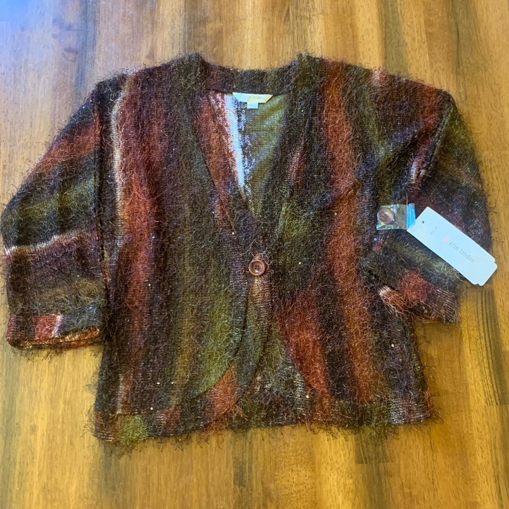 Erin London NWT cardigan sweater womens medium Brown black Orange olive green
